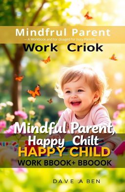 A serene and colorful workbook cover designed for busy parents, featuring a happy child playing joyfully in a bright outdoor setting, surrounded by nature such as trees, flowers, and butterflies