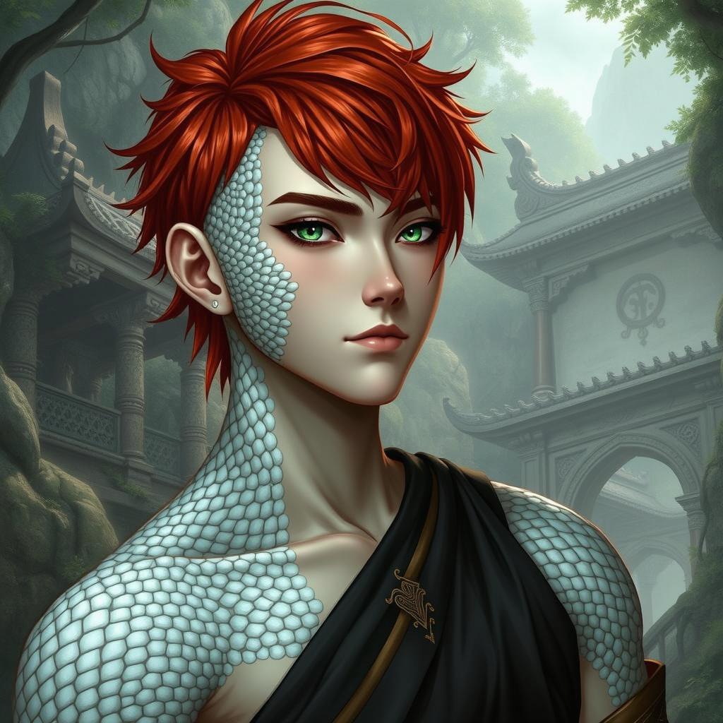 A fantasy character with fiery red hair styled in a spiky cut, featuring striking green eyes