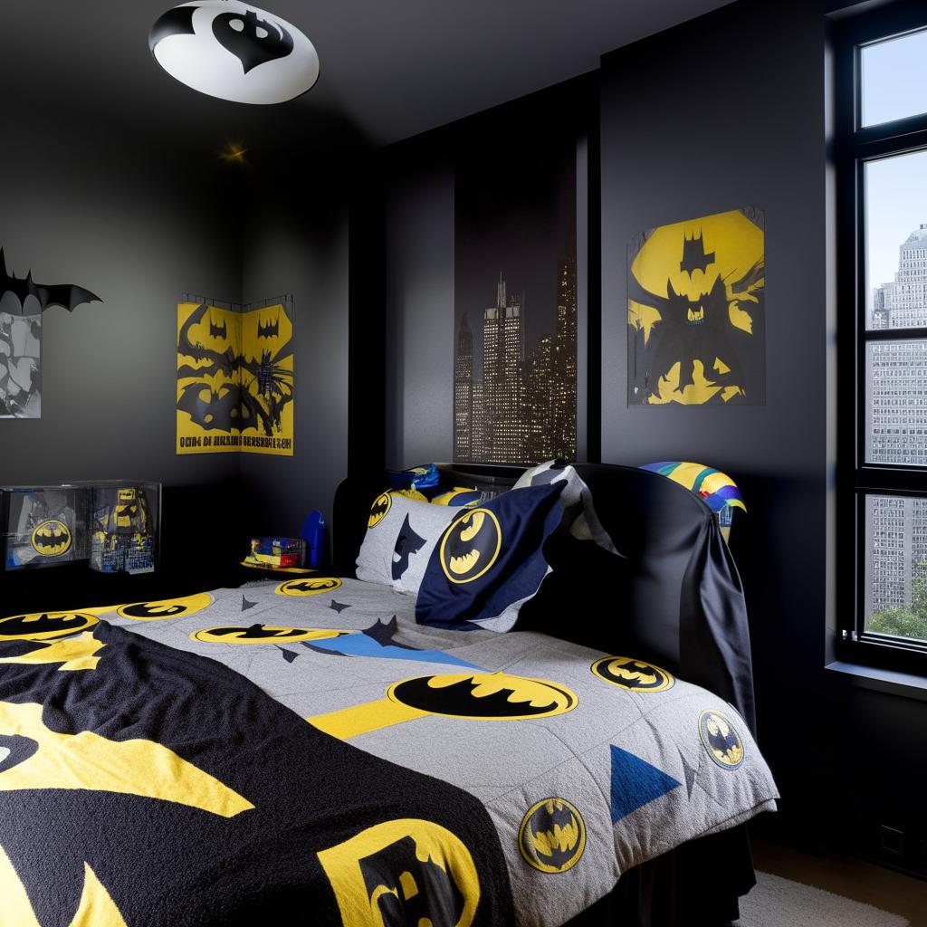 A Batman-themed room ideal for a boy, incorporating elements such as Gotham skyline wall art, a bat symbol bedspread, and Batman action figure display cases.