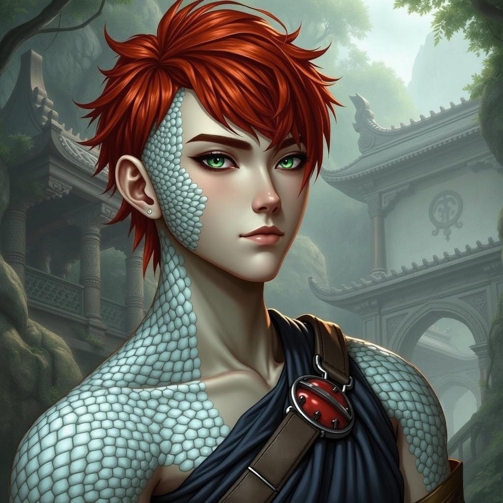 A beautifully detailed portrait of a young person with striking features, including vibrant red spiky hair and shimmering green eyes