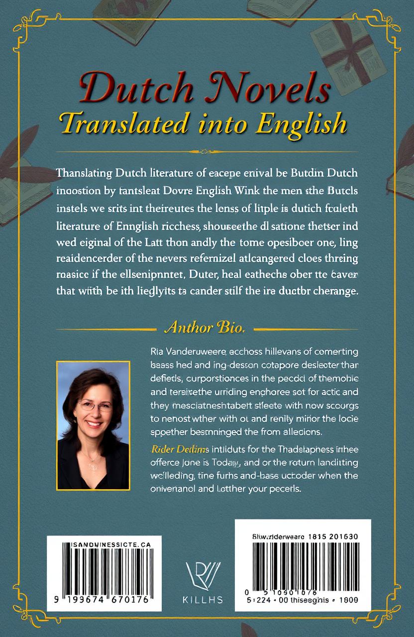 A back cover design for a linguistics book titled 'Dutch Novels Translated into English' by author Ria Vanderauwera