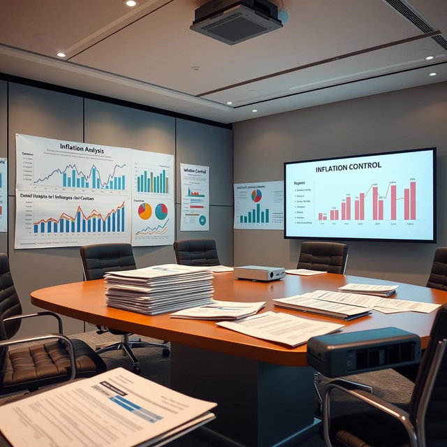 A professional report on inflation control, featuring elements such as market analysis charts, detailed graphs illustrating inflation trends, bullet points summarizing key strategies for controlling inflation, and infographics with statistics on inflation rates