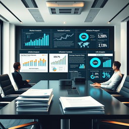 A professional report on inflation control, featuring elements such as market analysis charts, detailed graphs illustrating inflation trends, bullet points summarizing key strategies for controlling inflation, and infographics with statistics on inflation rates