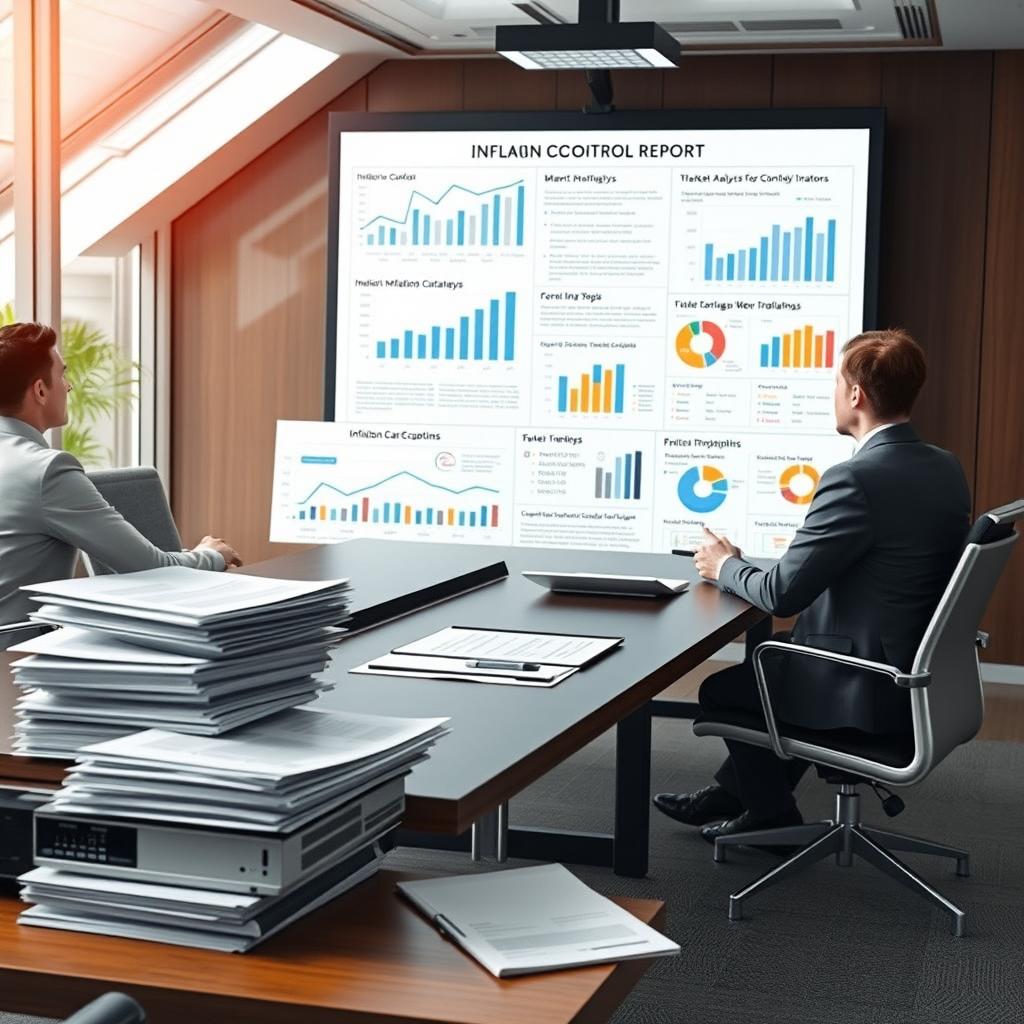 A professional report on inflation control, featuring elements such as market analysis charts, detailed graphs illustrating inflation trends, bullet points summarizing key strategies for controlling inflation, and infographics with statistics on inflation rates