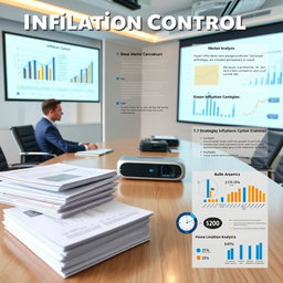 A professional report on inflation control, featuring elements such as market analysis charts, detailed graphs illustrating inflation trends, bullet points summarizing key strategies for controlling inflation, and infographics with statistics on inflation rates