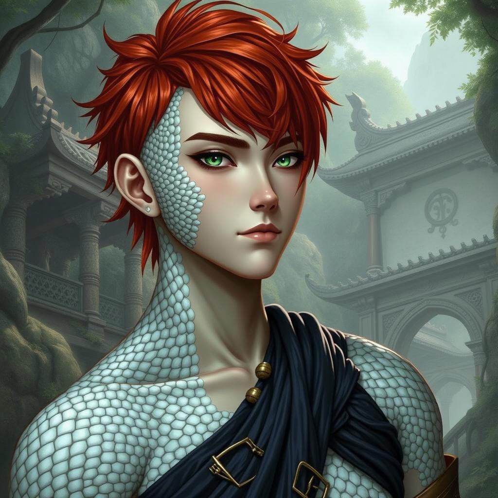 A fantasy character with vibrant red spiky hair and captivating green eyes
