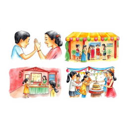 A vibrant watercolor artwork showcasing four contemporary Filipino cultures and traditions: 1