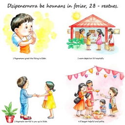 A vibrant watercolor artwork showcasing four contemporary Filipino cultures and traditions: 1