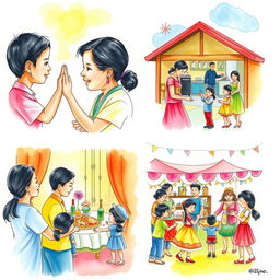 A vibrant watercolor artwork showcasing four contemporary Filipino cultures and traditions: 1