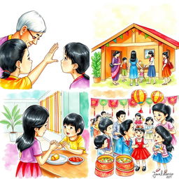 A vibrant watercolor artwork showcasing four contemporary Filipino cultures and traditions: 1