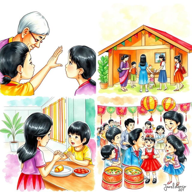 A vibrant watercolor artwork showcasing four contemporary Filipino cultures and traditions: 1