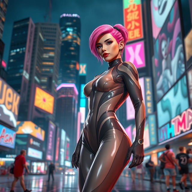 A futuristic scene featuring a vibrant cityscape at night, illuminated by neon lights