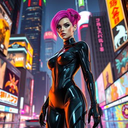 A futuristic scene featuring a vibrant cityscape at night, illuminated by neon lights