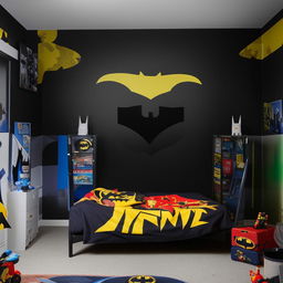 A Batman-themed room ideal for a boy, incorporating elements such as Gotham skyline wall art, a bat symbol bedspread, and Batman action figure display cases.