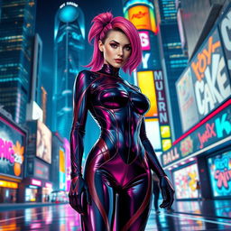 A futuristic scene featuring a vibrant cityscape at night, illuminated by neon lights