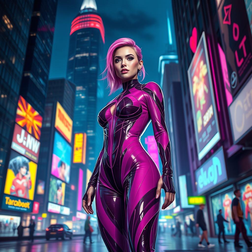 A futuristic scene featuring a vibrant cityscape at night, illuminated by neon lights