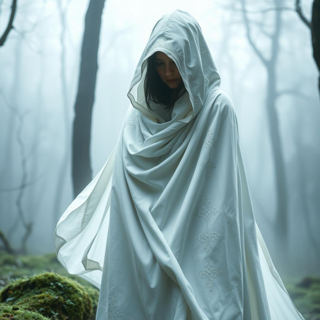 A mysterious woman draped in a flowing white cloak and hood, the cloak elegantly billowing around her