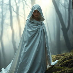 A mysterious woman draped in a flowing white cloak and hood, the cloak elegantly billowing around her