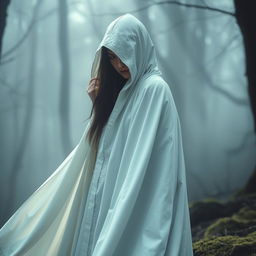 A mysterious woman draped in a flowing white cloak and hood, the cloak elegantly billowing around her