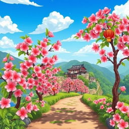 A cartoon scene depicting a beautiful trail lined with blooming peach flower trees, their vibrant pink blossoms contrasting with the green foliage