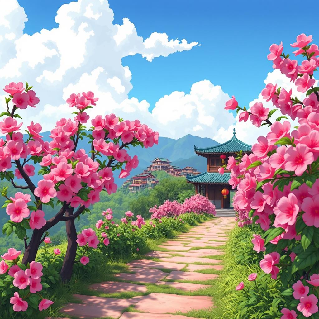 A cartoon scene depicting a beautiful trail lined with blooming peach flower trees, their vibrant pink blossoms contrasting with the green foliage