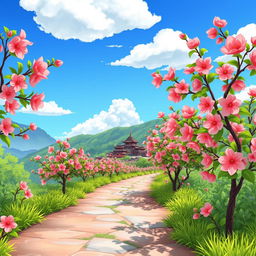 A cartoon scene depicting a beautiful trail lined with blooming peach flower trees, their vibrant pink blossoms contrasting with the green foliage