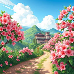 A cartoon scene depicting a beautiful trail lined with blooming peach flower trees, their vibrant pink blossoms contrasting with the green foliage