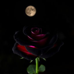 A beautiful black rose with pink highlights, set against a dark night background, illuminated softly by moonlight
