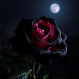 A beautiful black rose with pink highlights, set against a dark night background, illuminated softly by moonlight