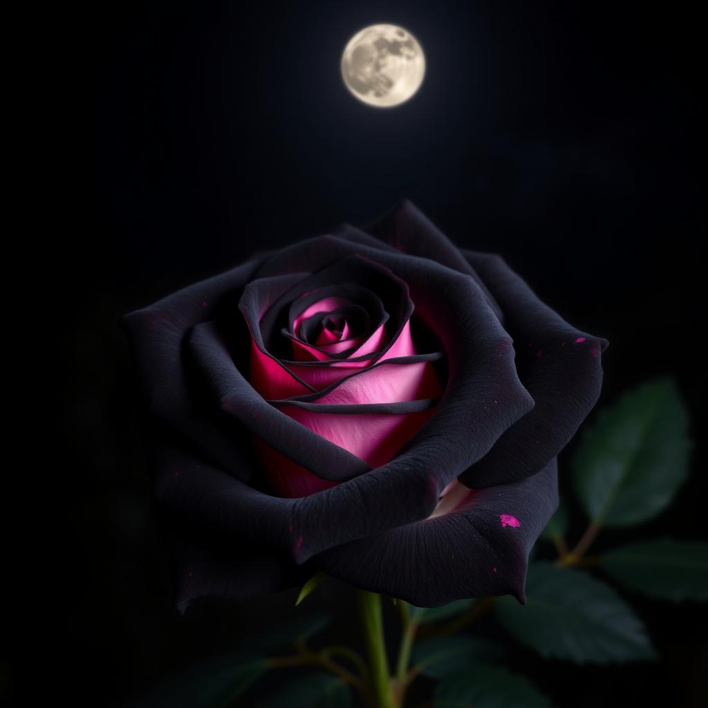 A beautiful black rose with pink highlights, set against a dark night background, illuminated softly by moonlight