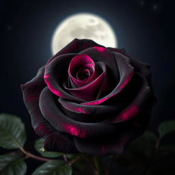A beautiful black rose with pink highlights, set against a dark night background, illuminated softly by moonlight