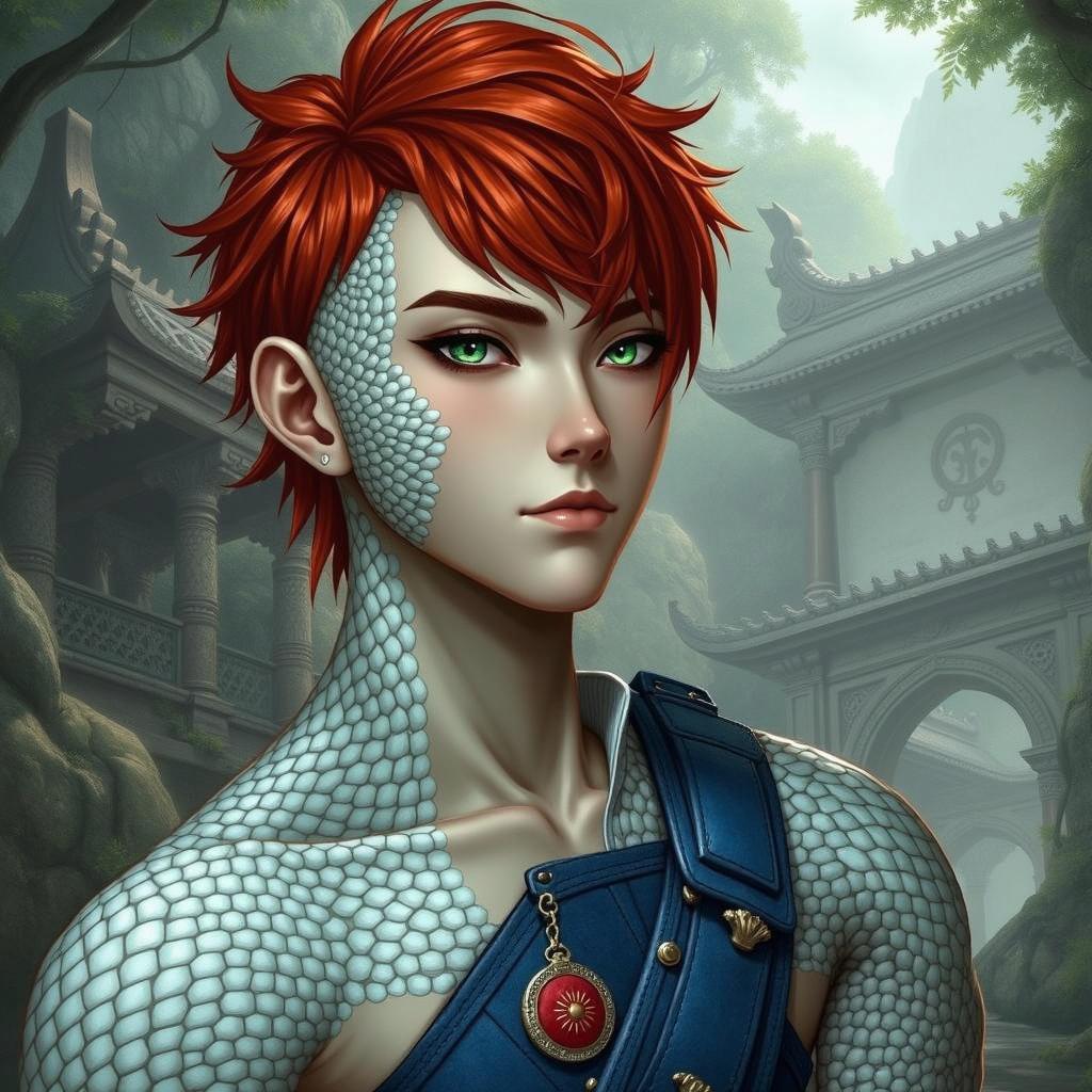 A portrait of a young male character with vibrant red spiky hair and striking green eyes, featuring unique reptilian scales on one side of his face and neck