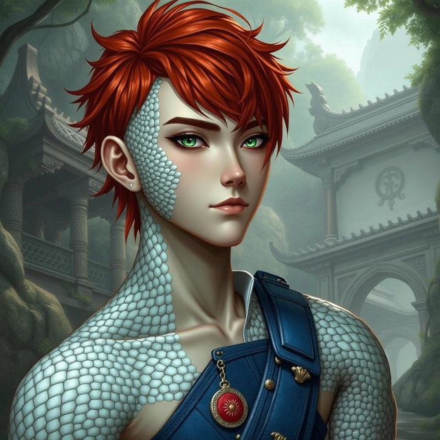 A portrait of a young male character with vibrant red spiky hair and striking green eyes, featuring unique reptilian scales on one side of his face and neck
