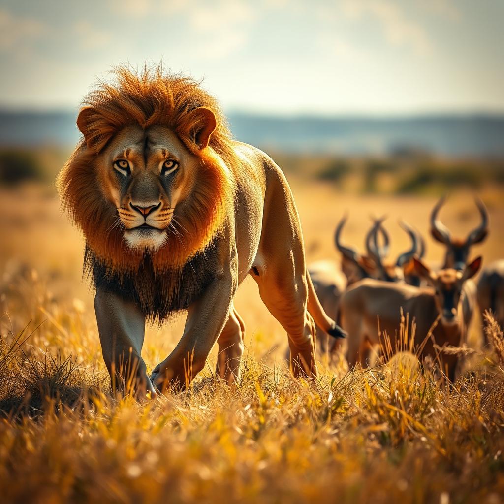 A majestic lion prowling through a sunlit savannah, muscles rippling as it stealthily stalks its prey