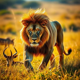A majestic lion prowling through a sunlit savannah, muscles rippling as it stealthily stalks its prey