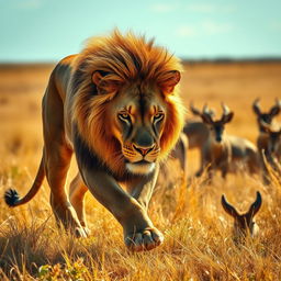 A majestic lion prowling through a sunlit savannah, muscles rippling as it stealthily stalks its prey
