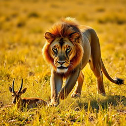 A majestic lion prowling through a sunlit savannah, muscles rippling as it stealthily stalks its prey