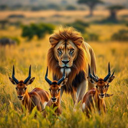 A powerful lion on the hunt in the African savannah, showcasing its muscular build and flowing mane as it stealthily approaches a group of unsuspecting antelope