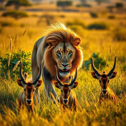 A powerful lion on the hunt in the African savannah, showcasing its muscular build and flowing mane as it stealthily approaches a group of unsuspecting antelope