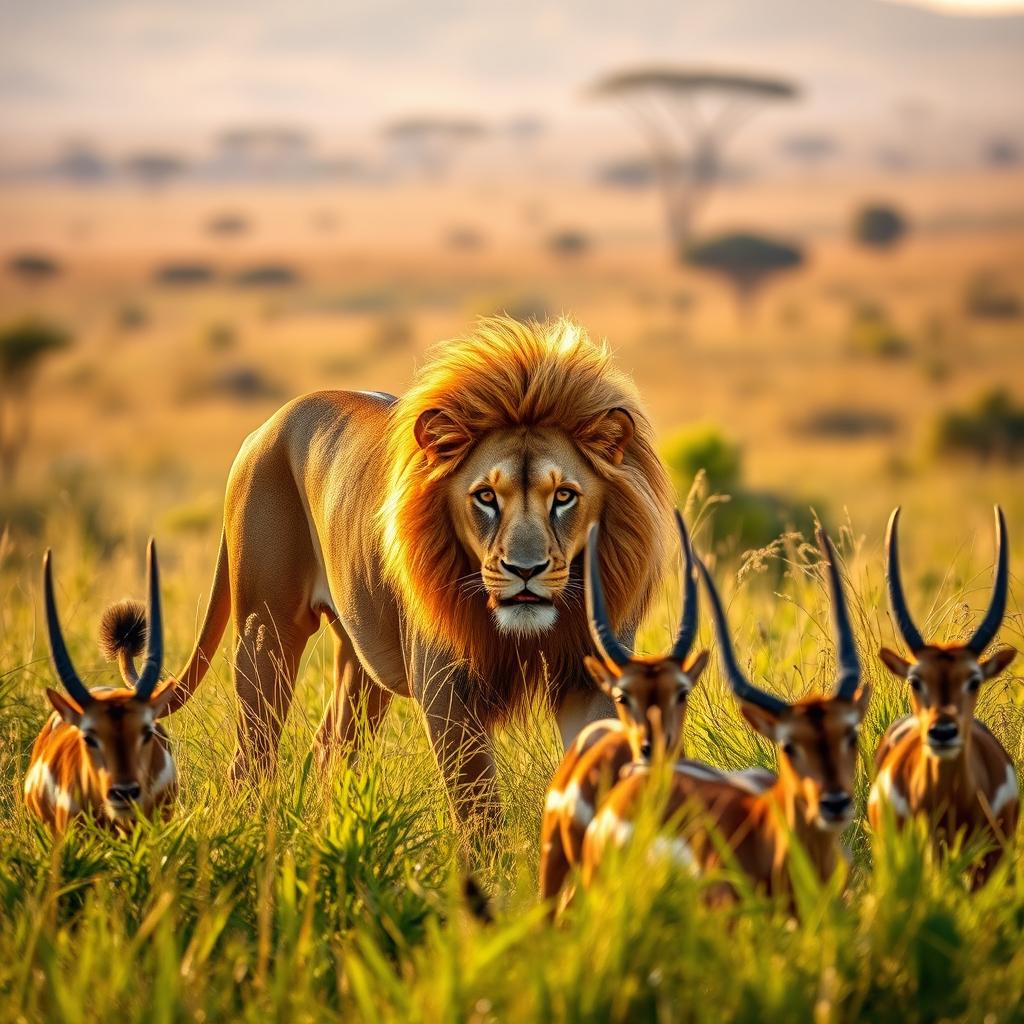 A powerful lion on the hunt in the African savannah, showcasing its muscular build and flowing mane as it stealthily approaches a group of unsuspecting antelope