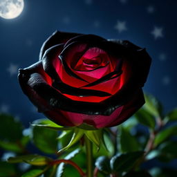 A beautifully crafted black rose with delicate pink hues, illuminated softly under the night sky