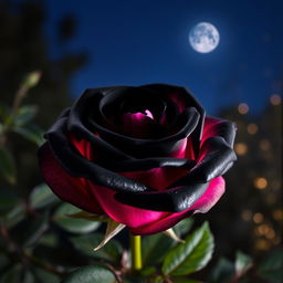 A beautifully crafted black rose with delicate pink hues, illuminated softly under the night sky