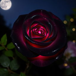 A beautifully crafted black rose with delicate pink hues, illuminated softly under the night sky