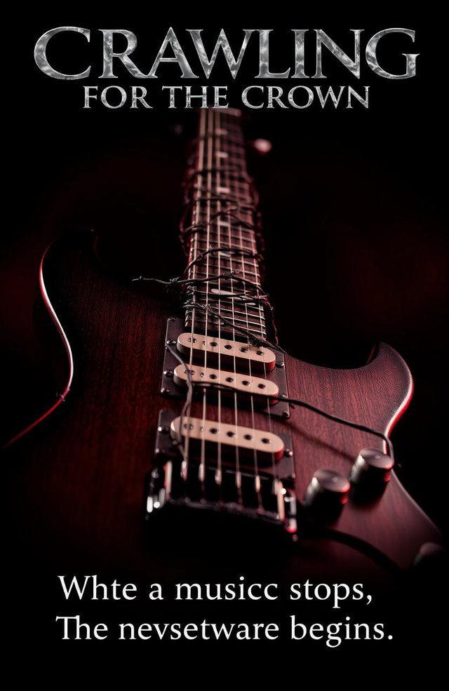 A close-up of an electric guitar intricately wrapped in barbed wire around its neck and body