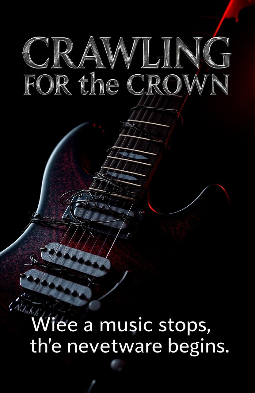 A close-up of an electric guitar intricately wrapped in barbed wire around its neck and body