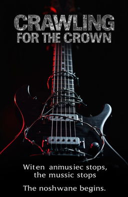 A close-up of an electric guitar intricately wrapped in barbed wire around its neck and body