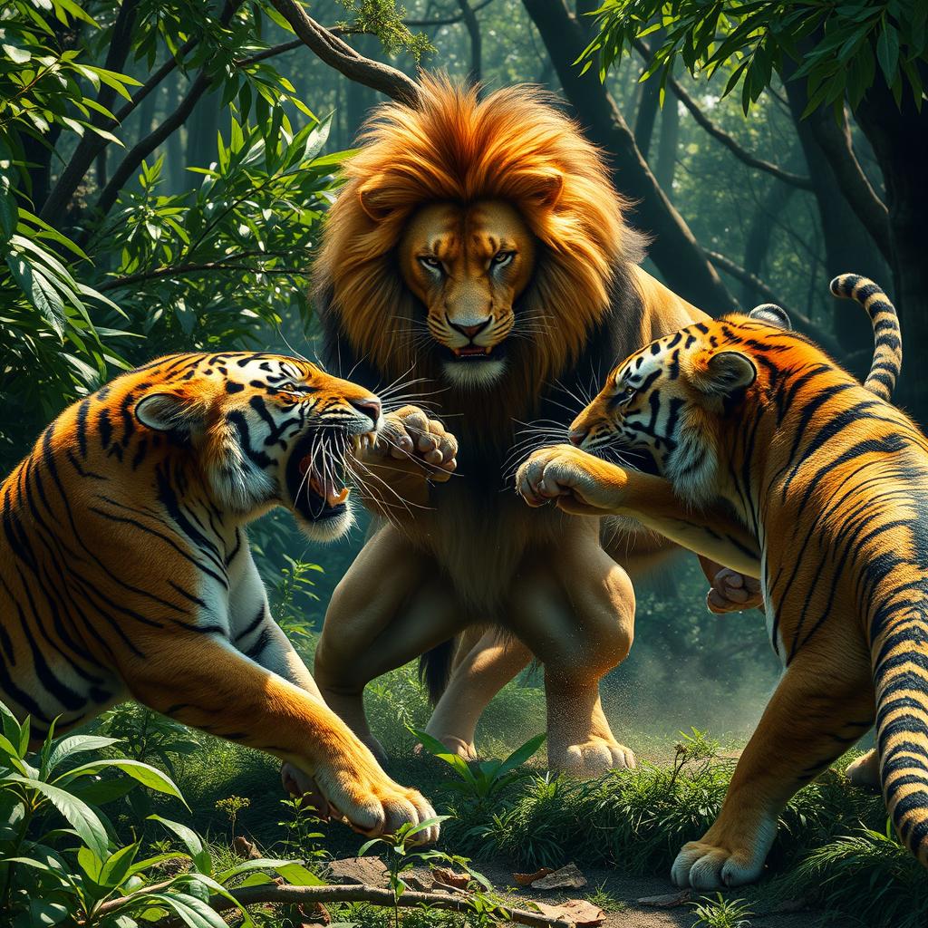 A dramatic scene depicting a powerful lion engaged in a fierce battle with two majestic tigers in a dense jungle setting