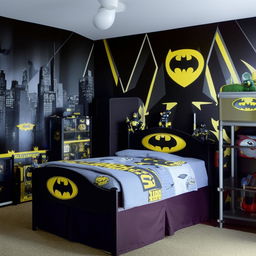 A Batman-themed room ideal for a boy, incorporating elements such as Gotham skyline wall art, a bat symbol bedspread, and Batman action figure display cases.