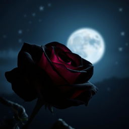 A beautiful black rose with pink highlights, illuminated by soft moonlight at night