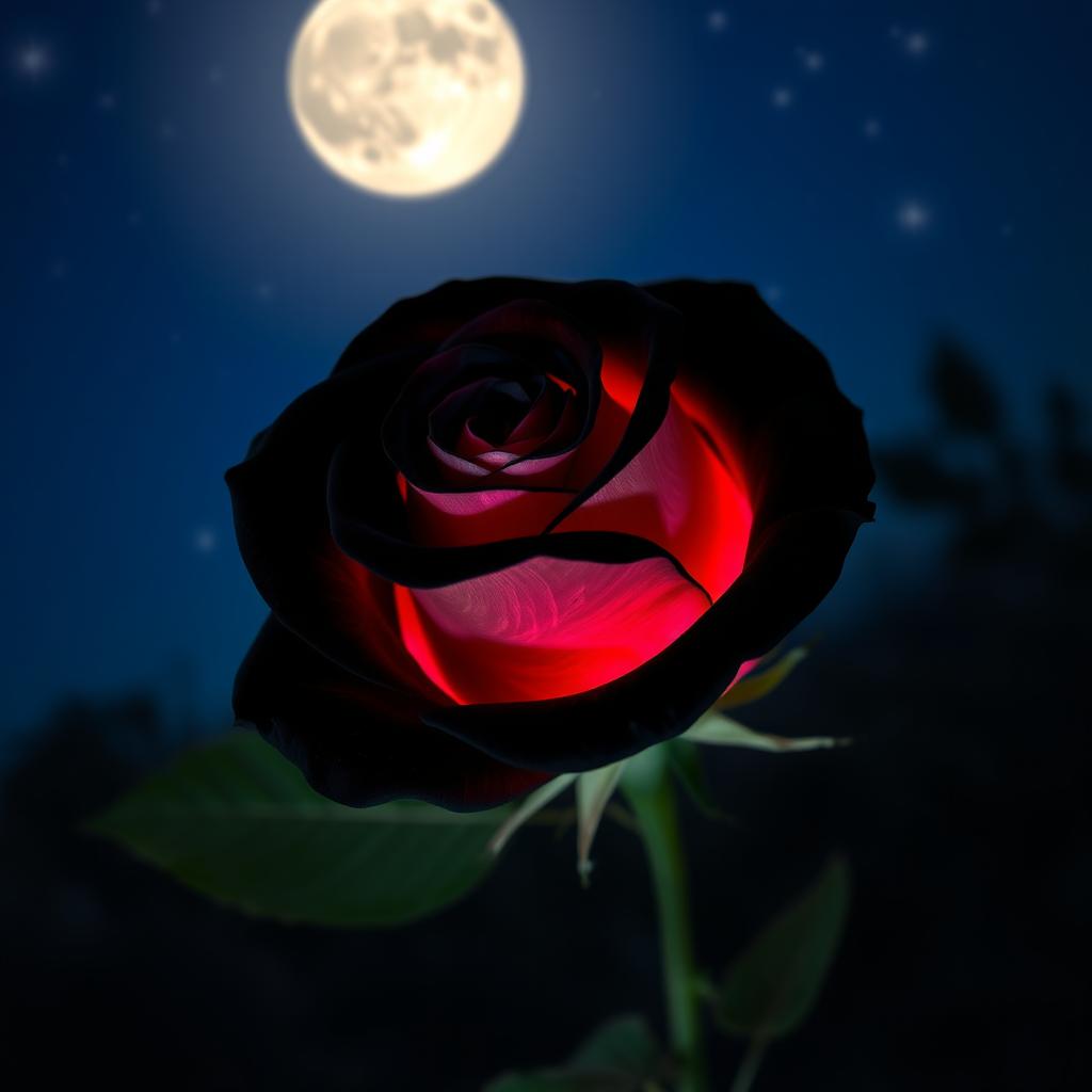 A beautiful black rose with pink highlights, illuminated by soft moonlight at night